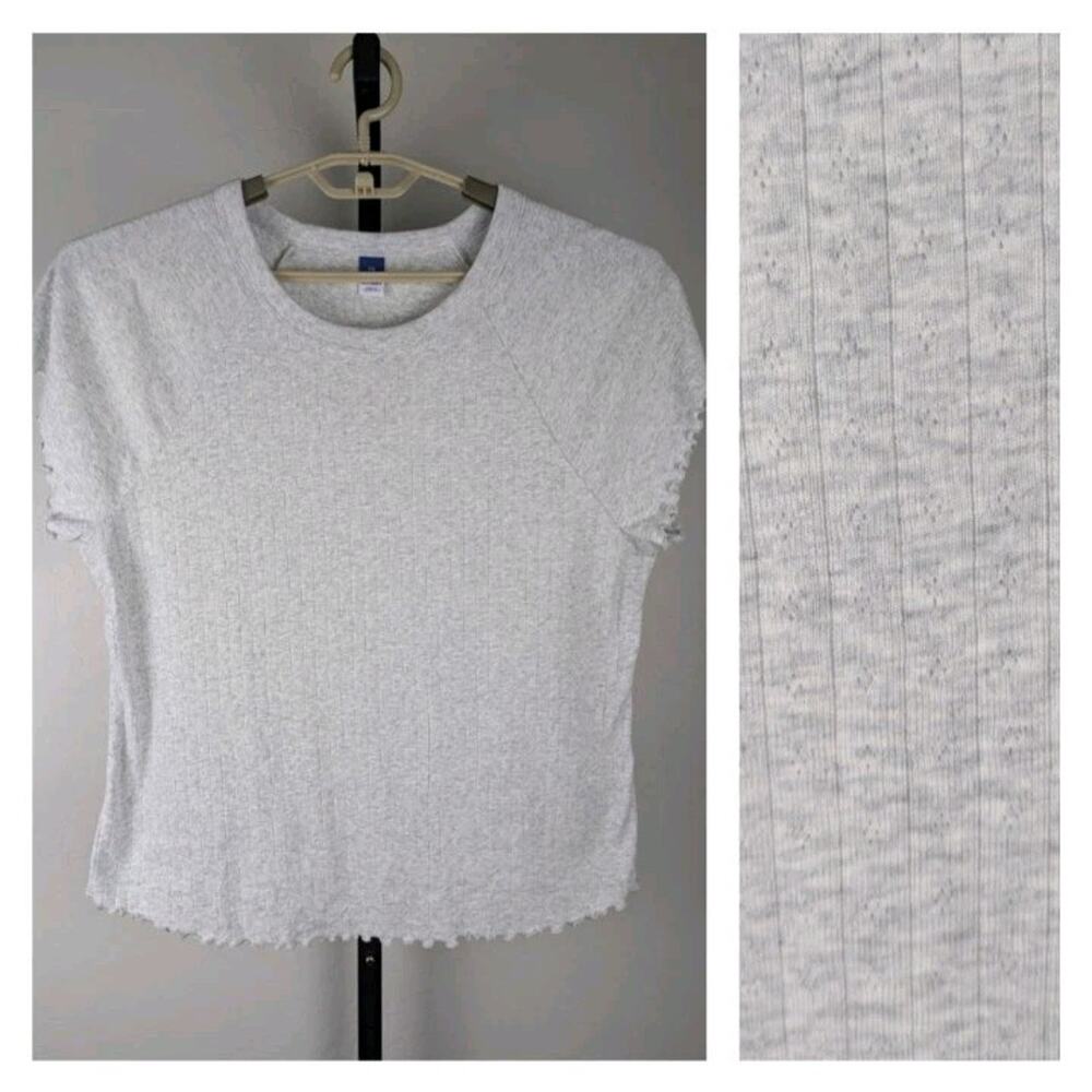Old Navy Gray Pointelle Rib Knit Short Sleeve Top Lettuce Hem